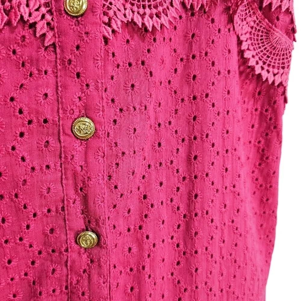 NWT Sperry Cotton Button Down Eyelet & Lace Drawstring Waist Romper Pink Red L